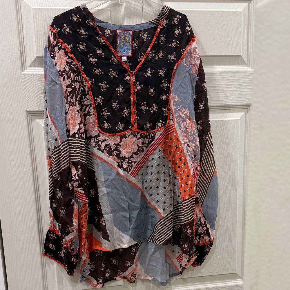 Johnny Was Roslyn Toni Blouse Multicolor Floral Patchwork Size XL BohoChic